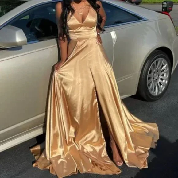 Faviana Gold Satin Charmeuse A-line Gown - Picture 3 of 6